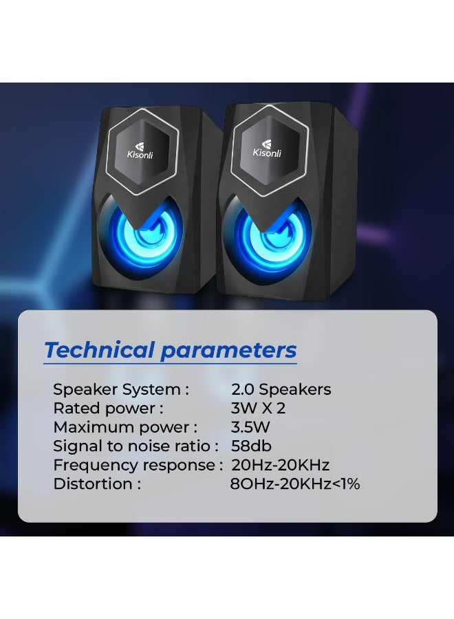 Kisonli 2.0 USB Powered Multimedia Speakers – 3W x 2 Stereo Sound System with Blue LED Light, 3.5mm AUX Input, 20Hz–20KHz Frequency Response, Compact Desktop Speakers for Laptop, PC & Gaming Setup - Image 5